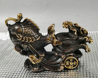 中国の手作りブロンズドラゴン魚像の装飾品、家の装飾、コレクションの