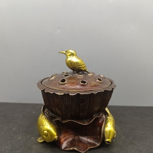 Chinese hand-carved pure copper brass double fish lotus bird statue incense burner ornament, precious and unique,beautiful shape