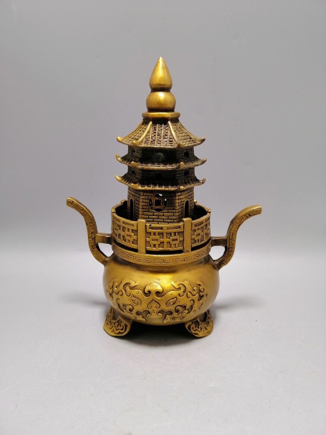 Chinese Pure Handcarved Brass Copper Pagoda Incense Burner Etsy