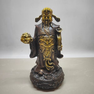 中国のアンティークの純粋な手彫りの純銅の金箔の富の神の像の装飾品は絶妙で、収集する価値があります。