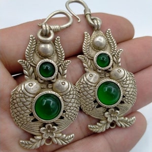 Collection pure hand-carved Tibetan silver fish pattern inlaid gems women earring