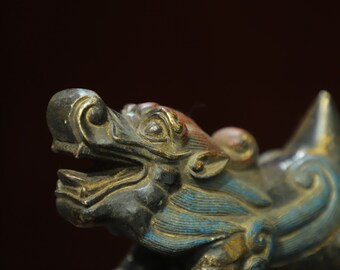 中国のアンティークブロンズ彫刻双頭吉兆獣像飾り、デスクトップの装飾