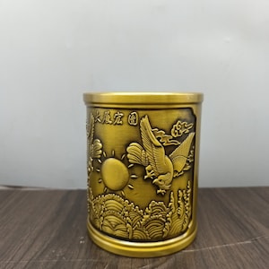 Exquisite rare pure copper hand carved eagle pattern pen holder brass study home decor,gift