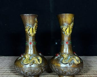 中国のアンティークの手作りの銅の龍の模様の花瓶のペア、珍しくて
