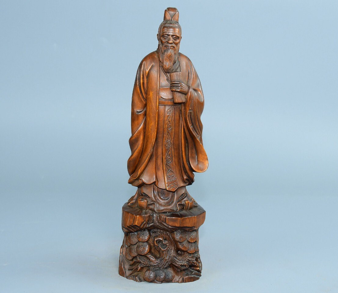 U27S20日本美術　廣明 作　天然素材　彫刻　古い　お面　貴重品　時代飾物 孔子の天然ツゲの木像を集めました。純粋な手彫りの装飾品で、貴重で