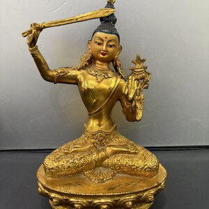 Chinese antique pure copper gilt hand-carved Manjushri Bodhisattva statue ornaments,exquisite in shape and worthy of collection