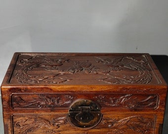 Chinese Antique Hand Carved Large Rosewood Box Hand carved Double Phoenix Pattern Storage box Ornament