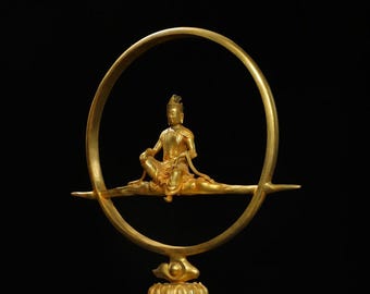 中国の純粋な手彫りの絶妙でユニークな純銅の彩色観音菩薩の装飾品