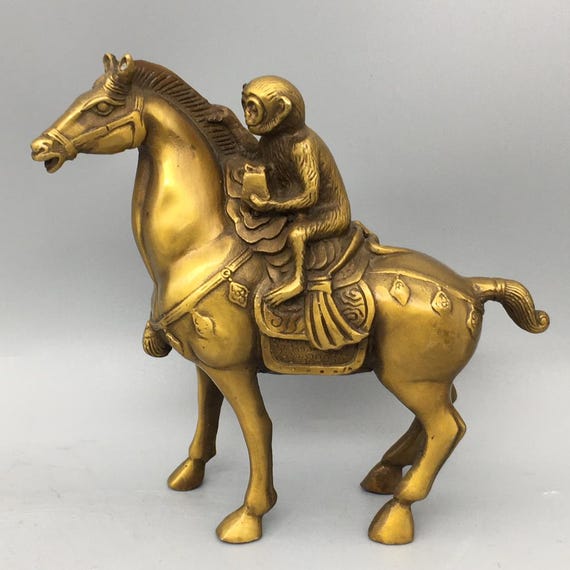 中国アンティーク純銅彫刻猿乗馬馬真鍮像、家の装飾、ギフト