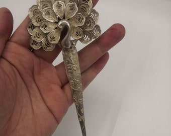 Chinese pure copper silver plating hand carving exquisite peacock statue hairpin