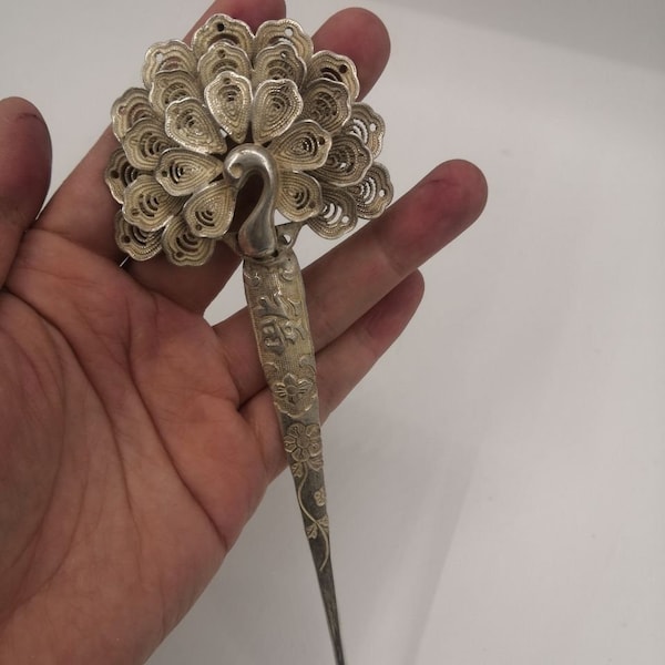 Chinese pure copper silver plating hand carving exquisite peacock statue hairpin