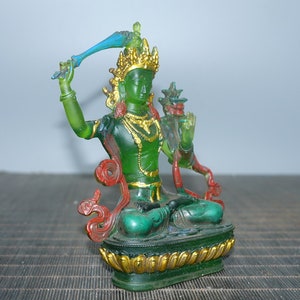 Chinese pure hand-carved coloured glaze glass Manjusri Bodhisattva buddha statue,exquisite pattern,can be collected