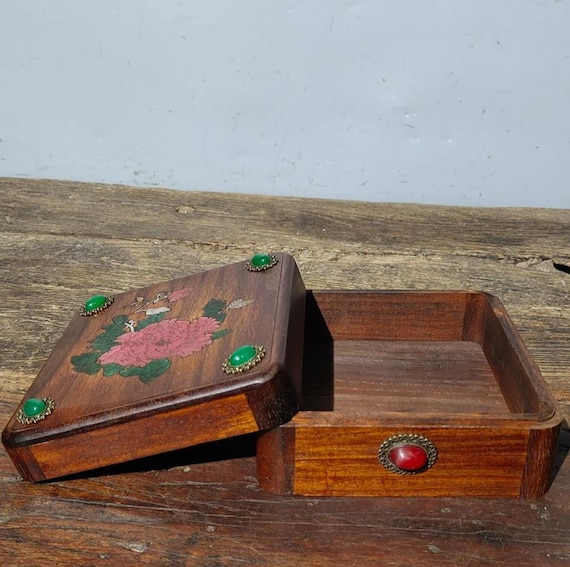 Chinese antique rosewood inlaid gemstones,hand-ca… - image 1