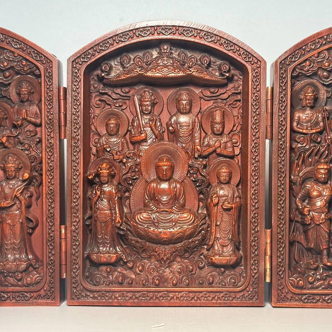 中国アンティークの純粋な手彫りのツゲの木の3つの開いた仏像の装飾