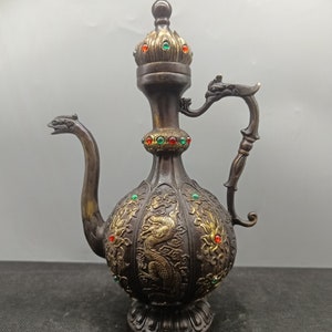 Chinese antique hand carved pure copper inlaid gems dragon pattern wine pot ornaments,exquisite and precious,worth collecting and used