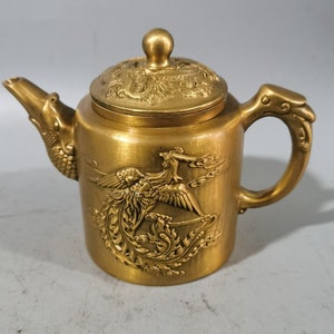 Chinese antique pure copper hand-carved dragon and phoenix pattern teapot,exquisite and rare