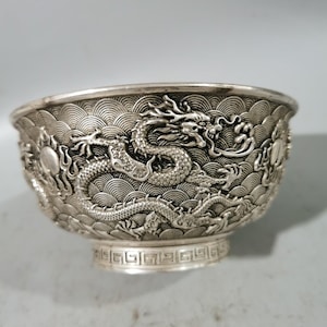 Chinese antique pure hand-carved exquisite white copper dragon bowl,rare and precious,can be collected