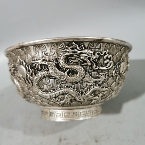 Chinese pure hand-carved exquisite white copper dragon bowl,rare and precious,can be collected