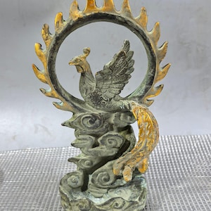 Chinese antieke handgesneden puur koper brons verguld feniks standbeeld ornament, prachtig en uniek, mooie vorm