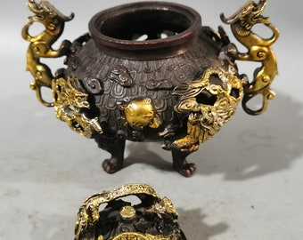 Chinese Antique Pure Copper Gilt Hollow Out Jiu Dragon Chinese Antique Pure Copper Gilt Hollow Out Jiu Dragon