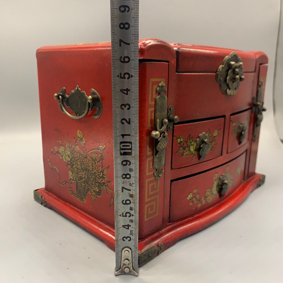 中国のアンティークの手彫りの漆塗りの龍と鳳凰の模様の宝石箱の収納箱