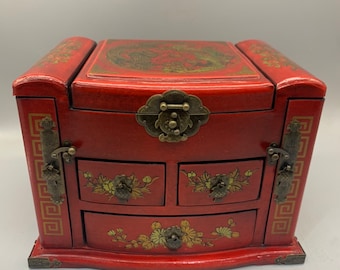 Chinese antique hand carved Lacquer dragon and phoenix pattern jewelry box storage box,makeup box exquisite and rare,can be collected