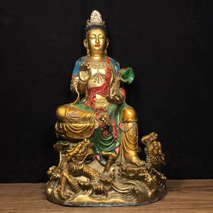 Chinese antique handmade carved pure copper painted dragon Guanyin Bodhisattva Buddha ornament, rare and exquisite,home decoration