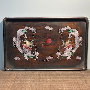 Chinese antique hand-carved rosewood inlaid shell dragon pattern tea tray fruit plate home decoration,exquisite and rare