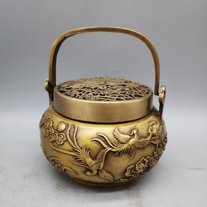 Chinesische antike reine handgeschnitzte reine Kupfer Phoenix Muster Kylin Statue aushöhlen Abdeckung Weihrauchbrenner Ornament, kann gesammelt und verwendet werden