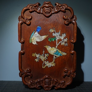 Chinese antique pure hand-carved rosewood tea tray inlaid shell flower and bird pattern,worthy of collection and use