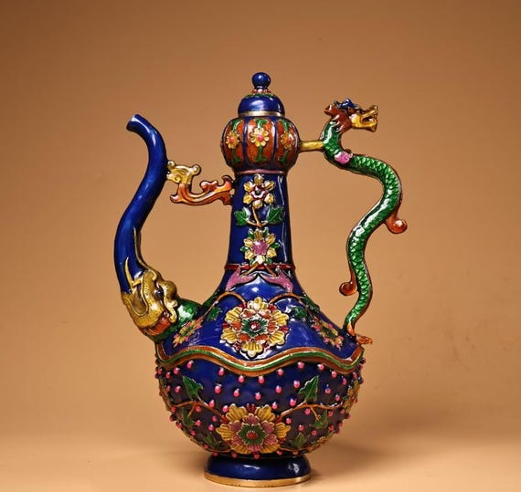 七宝　ポット　急須　銅製　ミニチュア　置物　インテリア　工芸品　美術品A1574 中国美術 アンティーク 七宝焼き ミニチュア シノワズリ 金彩花鳥図