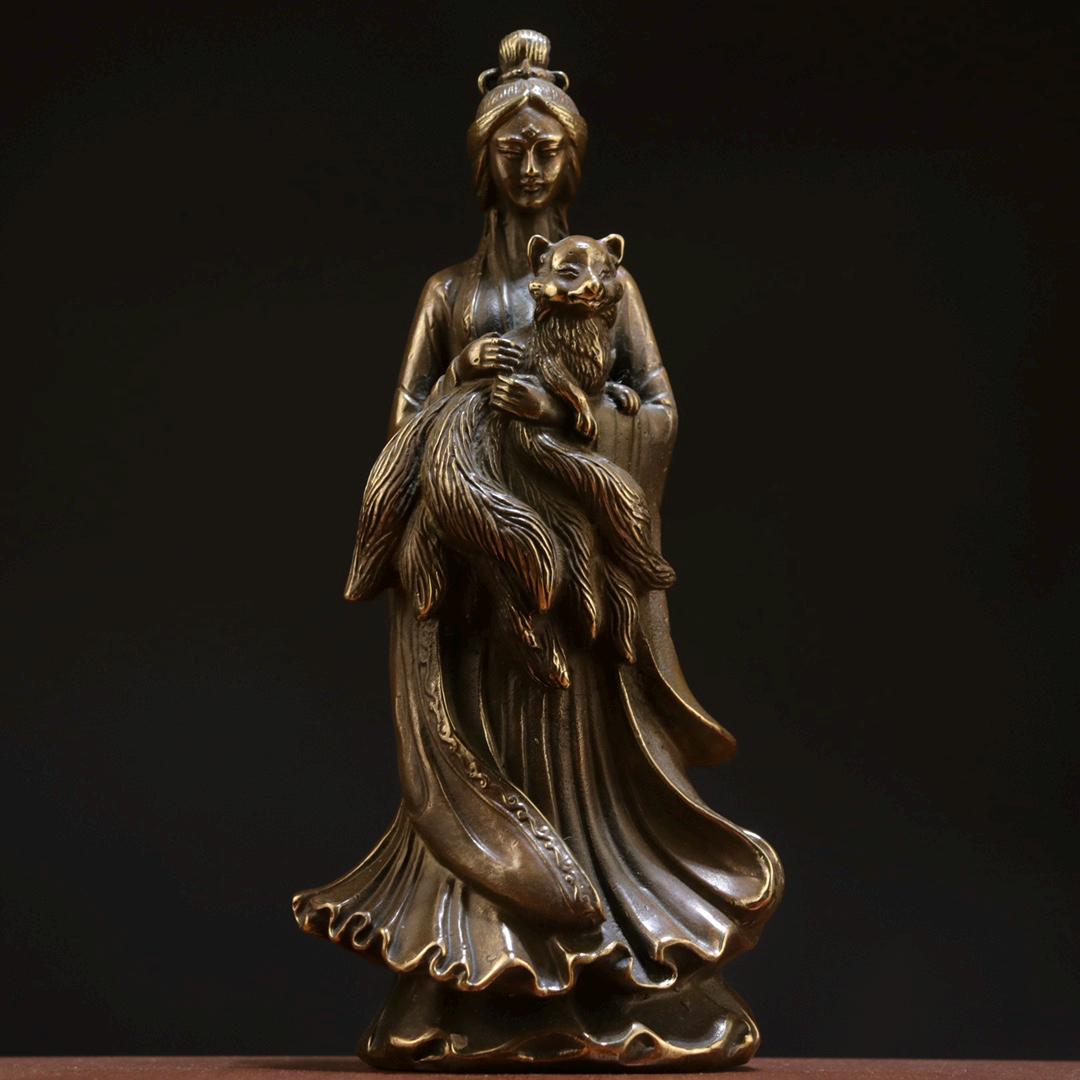 アンティーク　古銅　人物神獣刻　柄杓　約35㎝　C　R9851 Chinese Antique Hand Carved Exquisite and Unique Pure Copper Nine