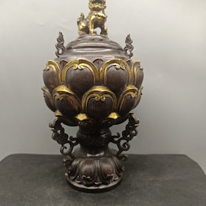 Chinesische antike Hand geschnitzt reines Kupfer vergoldet Löwen Statue Lotus Weihrauch Brenner Ornament, wertvoll und einzigartig, schöne Formen