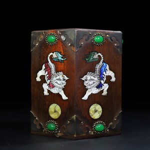 Chinese antique hand carved rosewood inlaid gems exquisite lion pattern pen holder,precious and unique,worth collecting