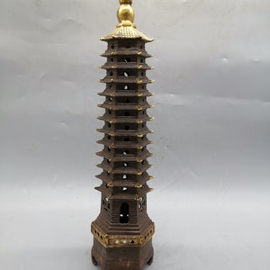 Chinese antique pure copper handmade carved Wenchang pagoda statue ornaments