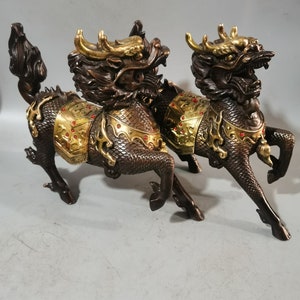 Chinese antique pure copper gilt inlaid gems hand carved kylin beast statue a pair of ornaments,exquisite and precious