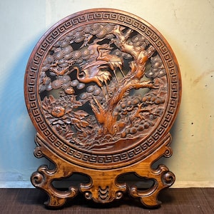 Chinese antique pure hand-carved boxwood pine and crane round screen furniture decor,exquisite and precious,can be collected