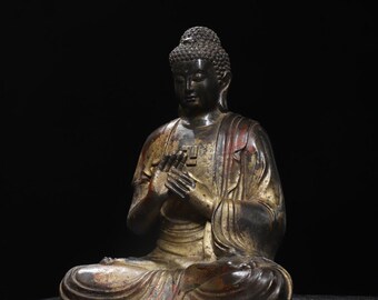 Estatua ornamental china antigua de Buda Shakyamuni tallada en alto relieve en cobre puro y bronce, hecha a mano.