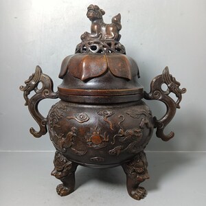 Chinesische antike handgefertigte reine Kupfer Drachen und Phoenix Muster Weihrauchbrenner, Bronze Ornamente, exquisit und kostbar, wert zu sammeln