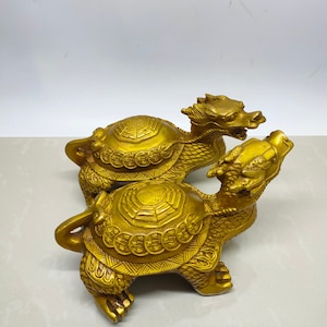 Chinese pure hand-carved brass carved dragon turtle statue ornament a pair,precious and exquisite fine and worthy of collection