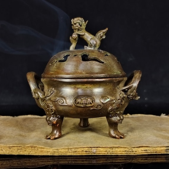 Chinese Antique Bronze Carving Lion Incense Burner, Pure Copper