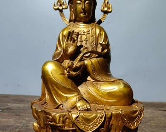 Chinese antique Handcrafted exquisite rare pure copper gilt Ruyi Guanyin Buddha statue ornament