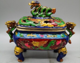 Chinese pure hand carved pure copper inlaid cloisonne dragon statue incense burner ornament,precious and unique,can be collected