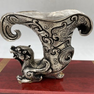 Carving Exquisite Divine Beast Wine Cup Rare Collectible Tibet Silver Handwork collection Decorative ornaments