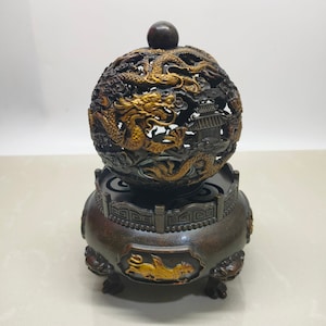 China antique pure copper hand-carved round hollow dragon pattern incense burner ornaments,exquisite and unique