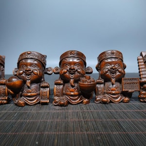 Chinese Antieke Hand Gesneden Buxus Wulu Caishen beeld decoratie, heeft verzamelwaarde en kan gebruikt worden