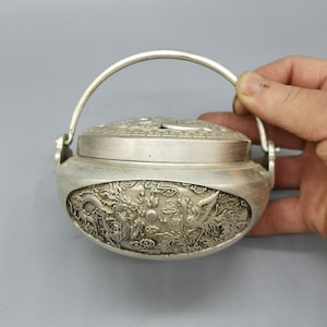 Chinese pure hand-carved exquisite rare white copper dragon and phoenix hollow pattern portable incense burner,can be collected and used