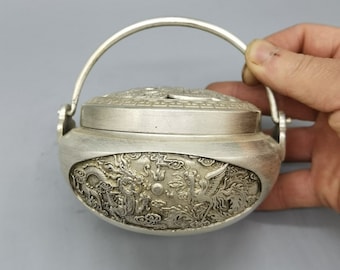Chinese pure hand-carved exquisite rare white copper dragon and phoenix hollow pattern portable incense burner,can be collected and used