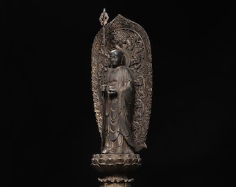 中国のアンティークの手作りの彫刻された純銅の塗装された仏像の装飾品