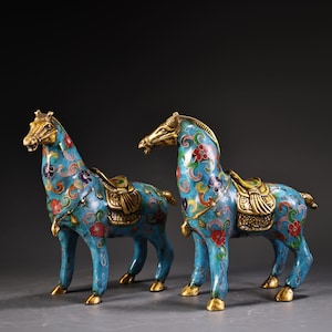 A pair Chinese antique pure copper cloisonne high relief horse statue lucky horse to success statue ornament,rare and precious